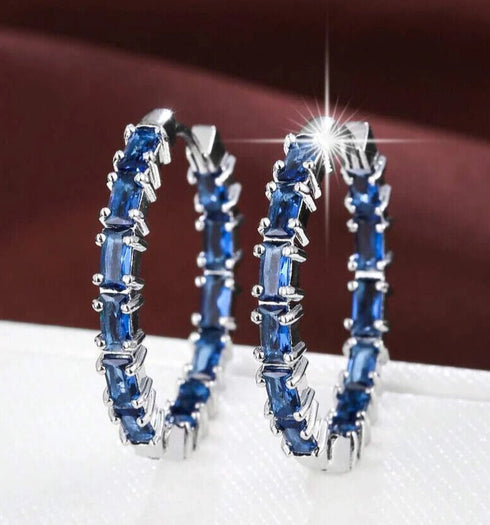 14K White Gold Plated Unique Blue Baguette Cubic Zirconia Women Hoop Earrings